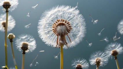 Poster - Delicate dandelion seeds dispersing in the air against a softly blurred background showcasing nature's beauty and the essence of spring.