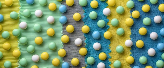 Poster - Colorful patterned fabric with mint green, yellow, and blue elements featuring textured candy-like dots for a playful and vibrant background.