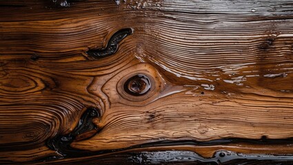Poster - Textured wet wooden surface showcasing intricate natural patterns and rich tones emphasizing the beauty of nature's art in wood.