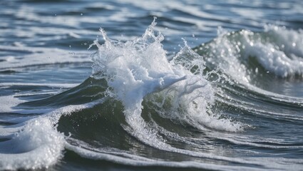 Poster - Wave crashing and creating a splash with white foam on the surface of calm blue water in a serene coastal environment.