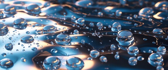 Poster - Shimmering droplets on a reflective metallic surface creating a mesmerizing abstract pattern with glimmers and reflections.
