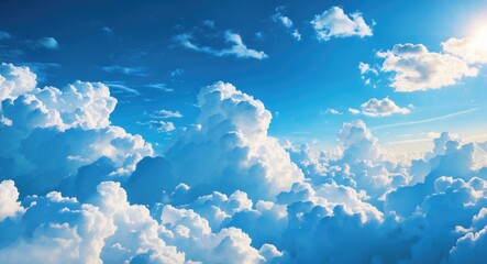Poster - Sunny blue sky with fluffy white clouds ideal for wallpaper or backgrounds evoking tranquility and relaxation in a serene environment.