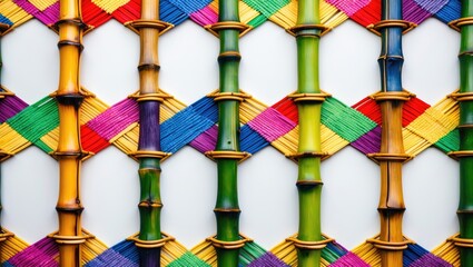 Poster - Colorful woven bamboo pattern on a white background showcasing vibrant geometric design and traditional craftsmanship.