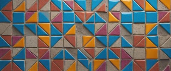Poster - Colorful geometric ceramic tile pattern for wall and floor decoration showcasing vibrant triangles against a concrete stone surface background.