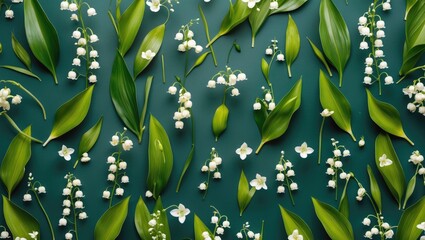 Poster - Flat lay composition of green honeysuckle leaves and delicate lily of the valley flowers on a dark green background for floral design concepts.