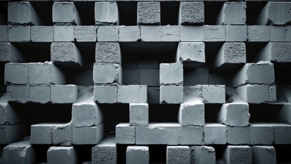 Poster - Abstract gray cement block pattern with a black and white filter highlighting texture and depth in architectural design.