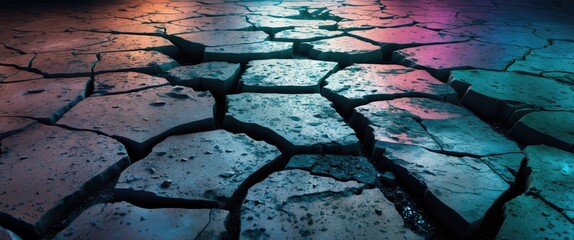 Poster - Cracked and weathered stone floor texture with colorful gradient lighting effects