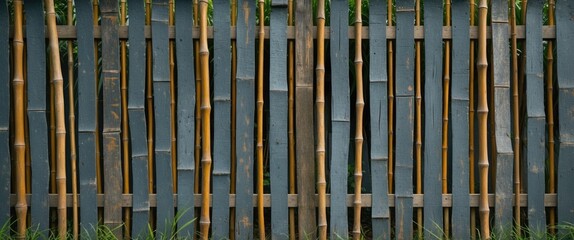 Poster - Abstract texture of a bamboo palisade featuring grey wooden elements and yellow bamboo in a tranquil rural garden setting.