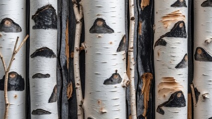 Poster - Birch bark pattern featuring black stripes on white trunks showcasing natural wood texture and organic design elements.