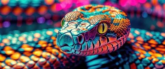 Poster - Vibrant close-up of a python showcasing intricate skin patterns and striking colors in a mesmerizing abstract background.