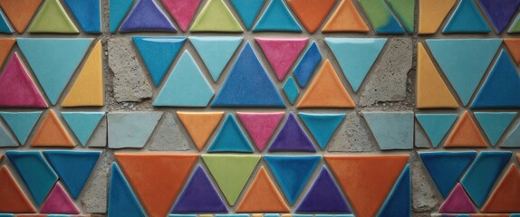Poster - Colorful geometric ceramic tiles with triangle patterns on a concrete background for vibrant interior design and decoration projects.