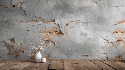 Poster - Rustic interior with weathered grey wall texture and decorative vases on wooden table creating a cozy, vintage atmosphere.