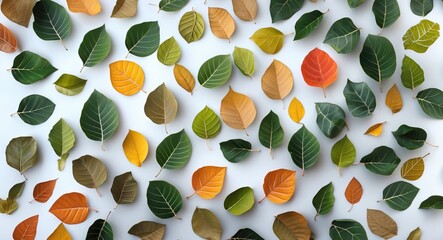 Poster - Assorted Colorful Leaves Laid Out on a White Background Creating a Natural and Organic Texture Pattern