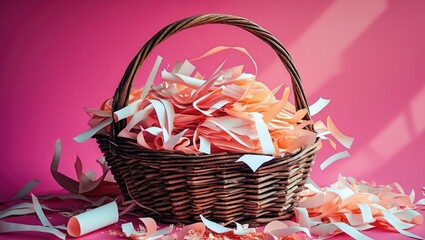 Poster - Wicker basket overflowing with decorative paper shavings on a vibrant pink background creating a cheerful and creative atmosphere.