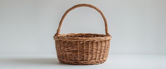 Poster - Wicker Basket with Handle on White Background for Text Overlay and Creative Uses in Home Decor and Gift Presentation