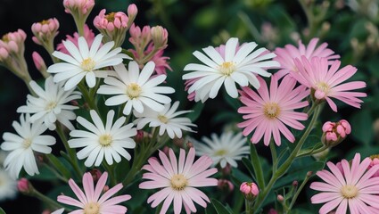 Poster - Colorful Astrantia Flowers in Bloom with Green Foliage and Space for Text Overlay in a Garden Setting