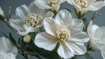 Poster - Delicate close-up of white flowers showcasing intricate petals and stamens with soft greenery in a serene, natural setting.