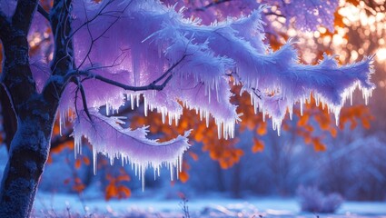 Poster - Winter landscape featuring frosted tree branches with icicles illuminated by soft morning light in a serene outdoor setting.
