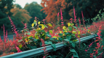Poster - vibrant wildflowers and greenery flourishing along a metallic guardrail in a serene natural landscape during golden hour