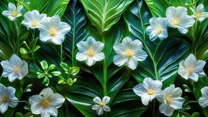 Poster - Elegant white flowers blooming amidst lush green leaves in a vibrant botanical background ideal for nature-themed designs.