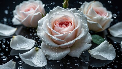 Poster - elegant white roses with delicate pink centers and glistening water droplets on petals against a dar