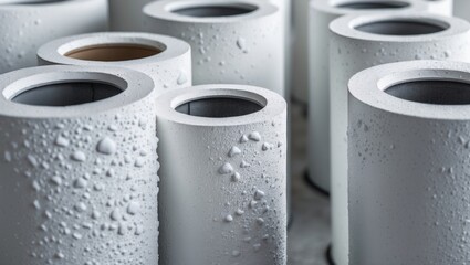 Poster - Cylindrical industrial surfaces featuring varied white textures with moisture droplets creating an abstract and modern aesthetic.