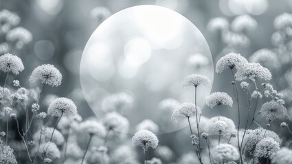 Aufkleber - Serene gray bokeh background featuring delicate white flowers and a circular soft glow ideal for tranquil and elegant design projects.