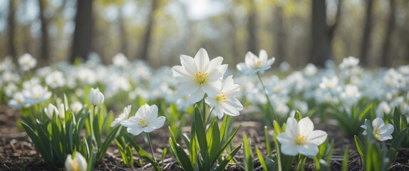 Poster - Blooming White Spring Flowers with Lush Greenery and Soft Light Ideal for Nature Themes and Text Overlay