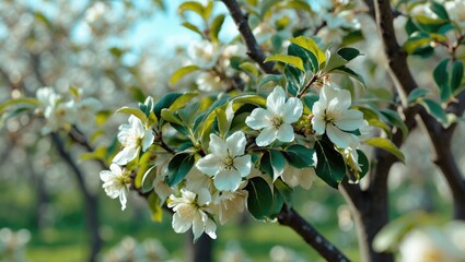 Poster - Blooming White Apple Tree Flowers Surrounded By Lush Green Leaves Macro Photography With Blurred Background Nature Scene