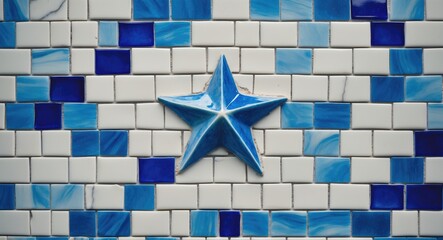 Poster - Mosaic wall tiles in white and blue featuring a star design perfect for interior decor and texture inspiration.
