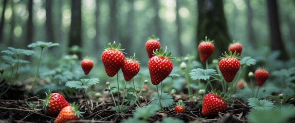 Poster - Wild Strawberries Growing In A Serene Forest Setting Surrounded By Lush Greenery And Natural Light With Space For Text Overlay