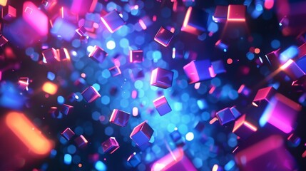 Poster - Abstract neon glowing cubes background. Abstract Digital Cubes . Abstract background. Abstract futuristic. Digital art illustration. Futuristic technology. Digital technology. High Tech. Copy space