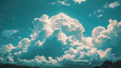 Poster - Majestic white clouds illuminated by sunlight in a serene blue sky backdrop creating a tranquil and picturesque natural landscape.