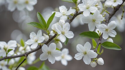 Poster - Delicate white jasmine flowers on a branch with green leaves creating a serene natural background and space for your text or message