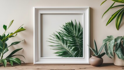Poster - Tropical Leaf White Frame Mockup with Empty Space for Text and Decorative Greenery on Wooden Surface in a Modern Interior Setting