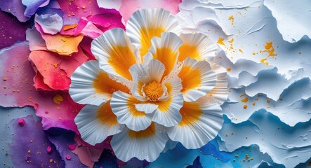 Poster - Colorful textured background with layered paper and vibrant floral arrangement for artistic and creative designs.