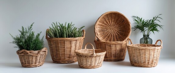 Poster - Wicker Baskets with Greenery on White Background Showcasing Natural Decor Elements and Ample Space for Text or Creative Use