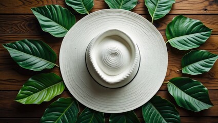 Poster - Stylish white hat surrounded by fresh green leaves on a rustic wooden surface creating a serene and natural aesthetic.