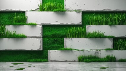 Poster - Exterior design featuring white concrete wall with lush green grass elements on textured surface for nature-inspired aesthetics