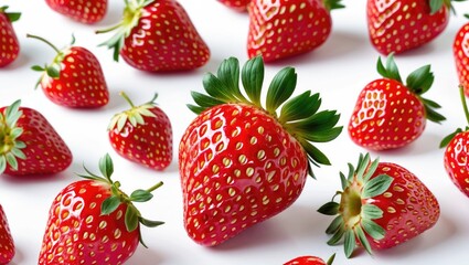 Poster - Fresh strawberries scattered on a white background showcasing their vibrant red color and lush green leaves highlighting their natural beauty.