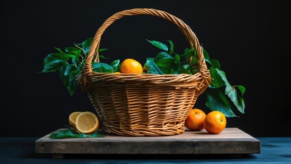 Poster - Wicker basket filled with oranges and lemons on wooden board with greenery against a dark background ideal for food or lifestyle themes
