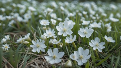 Poster - Delicate White Wildflowers Blooming in Lush Green Grass Under Soft Natural Light in a Scenic Landscape Setting