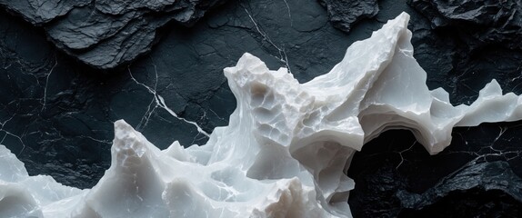 Poster - Elegant white marble against a textured black background showcasing natural contrasts and patterns in stone design.