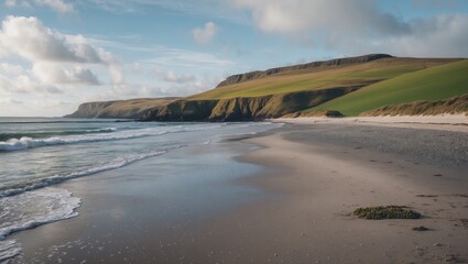 Poster - Scenic coastline view of a tranquil beach with gentle waves and lush green hills under a partly cloudy sky.