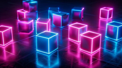 Poster - Abstract neon glowing cubes background. Abstract Digital Cubes . Abstract background. Abstract futuristic. Digital art illustration. Futuristic technology. Digital technology. High Tech. Copy space