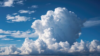 Poster - Fluffy white cumulus clouds against a vibrant blue sky creating a serene and tranquil atmosphere for nature-themed designs.