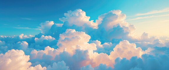 Poster - Serene sky with fluffy white clouds illuminated by soft sunlight showcasing a tranquil and peaceful atmosphere for backgrounds and nature themes
