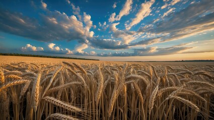 Poster - Golden Wheat Field Under a Dramatic Blue Sky with Clouds at Dusk, Serene Rural Landscape Serenity and Nature's Beauty.