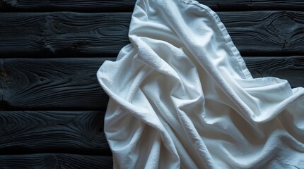 Poster - Soft White Fabric Draped Over Dark Textured Wooden Planks