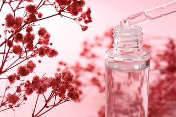 Canvas Print - Dripping serum from pipette into bottle and gypsophila flowers on pink background, closeup